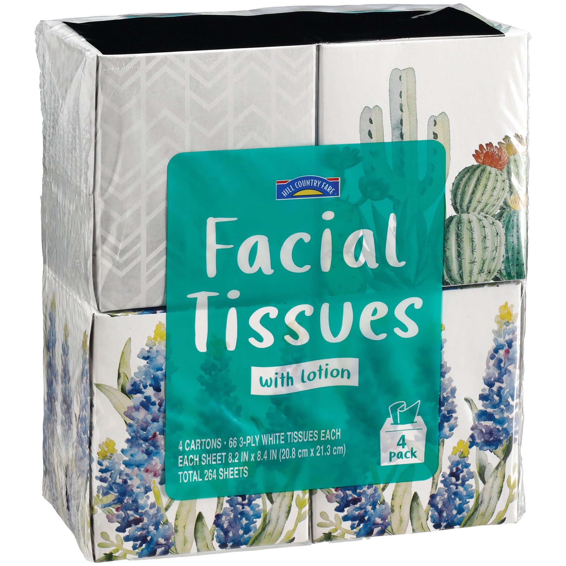 slide 1 of 1, Hill Country Fare Facial Lotion Tissues 4 pk, 264 ct