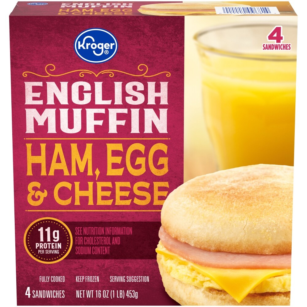 slide 1 of 1, Kroger Ham Egg & Cheese English Muffin, 4 ct; 16 oz