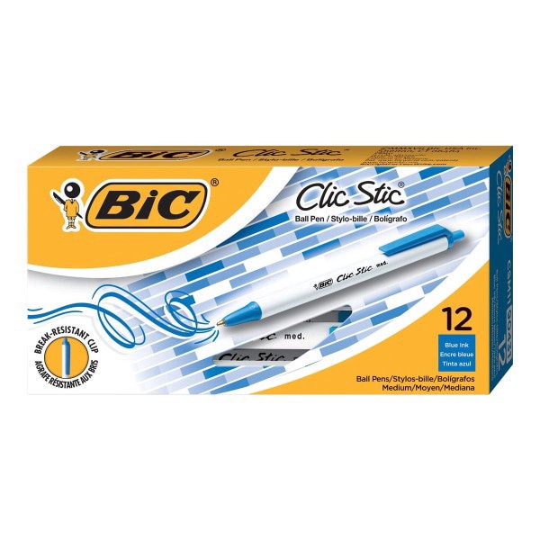 slide 9 of 10, BIC Clic Stic Retractable Ballpoint Pens, Medium Point, 1.0 Mm, White Barrel, Blue Ink, Pack Of 12, 12 ct