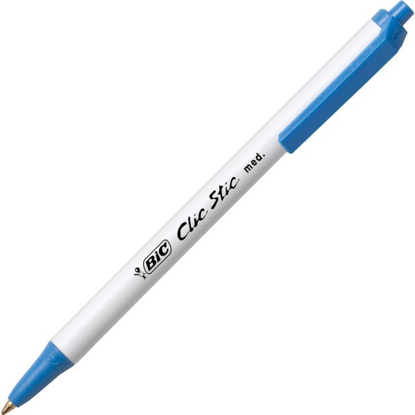 slide 1 of 10, BIC Clic Stic Retractable Ballpoint Pens, Medium Point, 1.0 Mm, White Barrel, Blue Ink, Pack Of 12, 12 ct