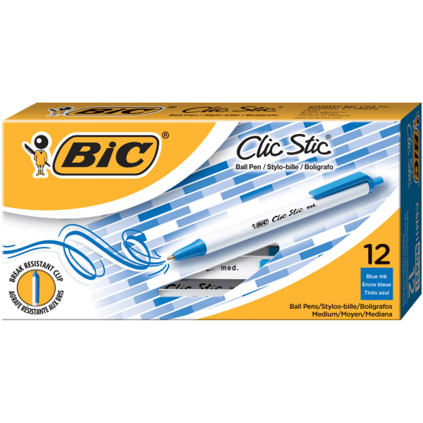 slide 4 of 10, BIC Clic Stic Retractable Ballpoint Pens, Medium Point, 1.0 Mm, White Barrel, Blue Ink, Pack Of 12, 12 ct