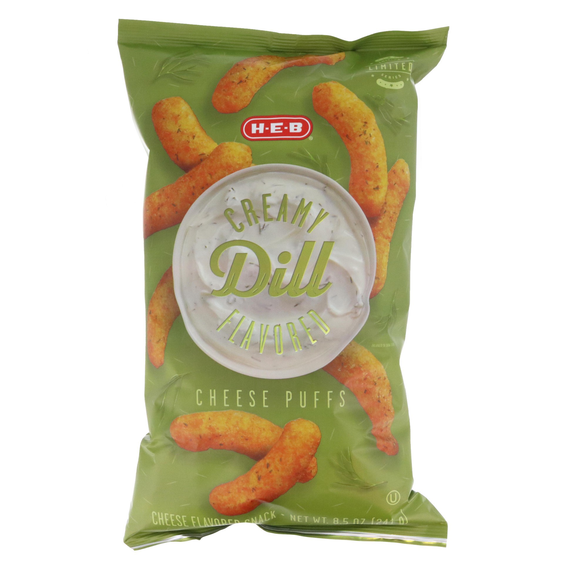 slide 1 of 1, H-E-B Creamy Dill-Flavored Cheese Puffs, 8.5 oz
