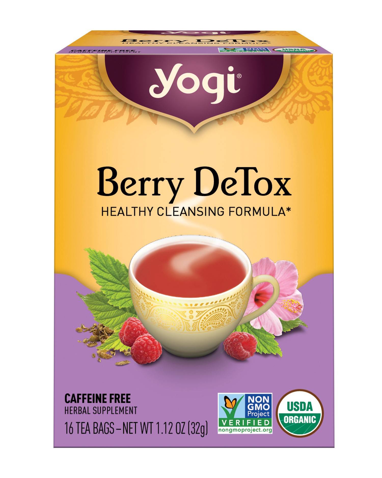 slide 1 of 1, Yogi Tea Berry DeTox, Caffeine-Free Organic Herbal Tea, Wellness Tea Bags, 16 Count, 16 ct