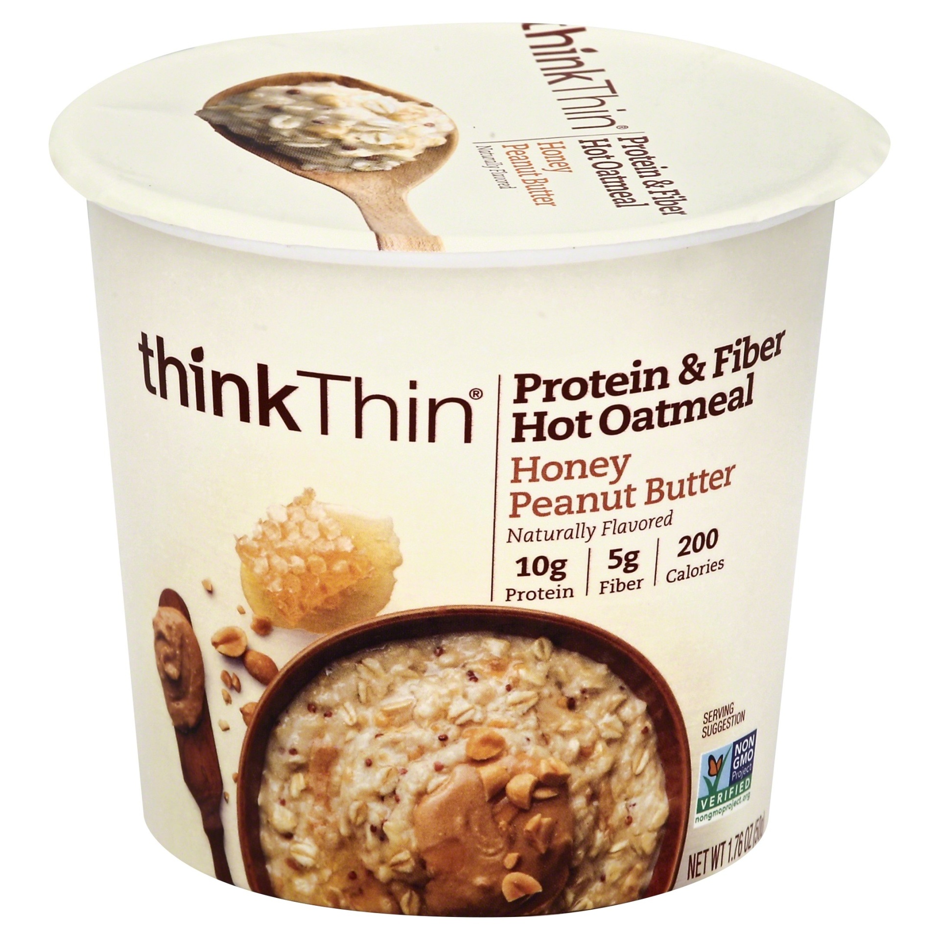 slide 1 of 1, thinkThin Protein & Fiber Hot Oatmeal Honey Peanut Butter, 1.76 oz