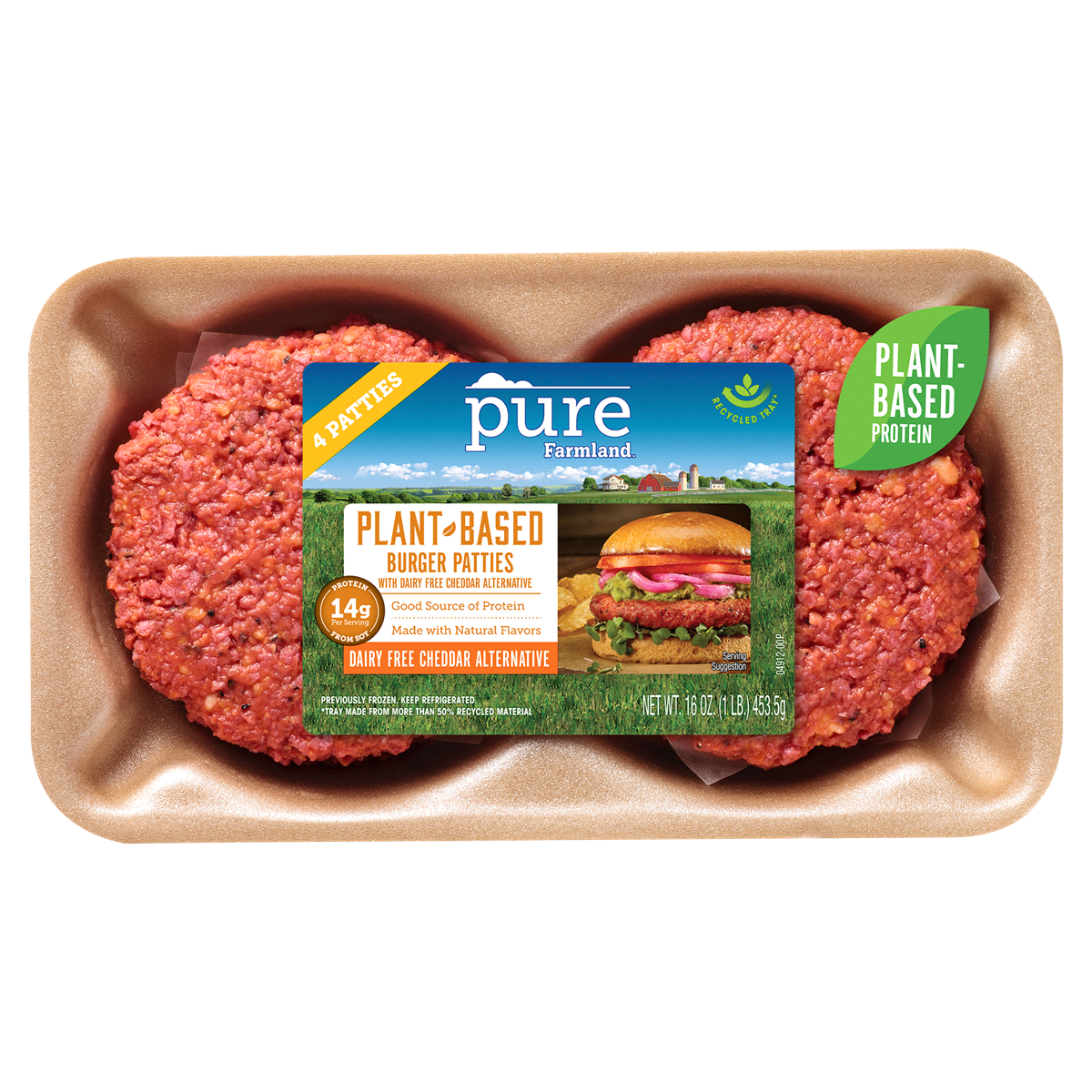 slide 1 of 1, Pure Farmland Plant-Based Dairy Free Cheddar Alternative Burger Patties, 16 oz