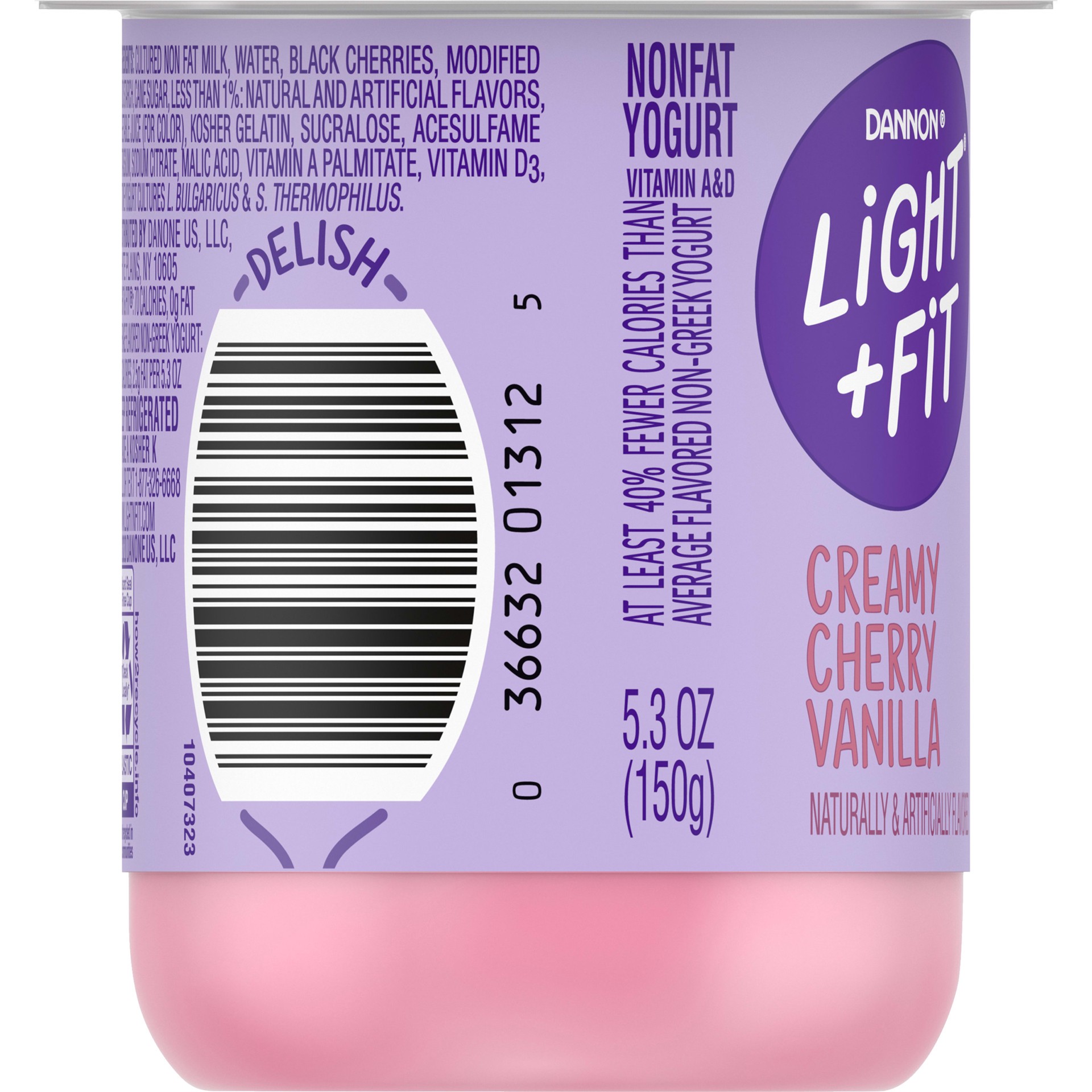 slide 5 of 5, Light + Fit Dannon Light + Fit Regular Nonfat Yogurt, Cherry Vanilla, Gluten-Free, 5.3 oz., 5.3 oz