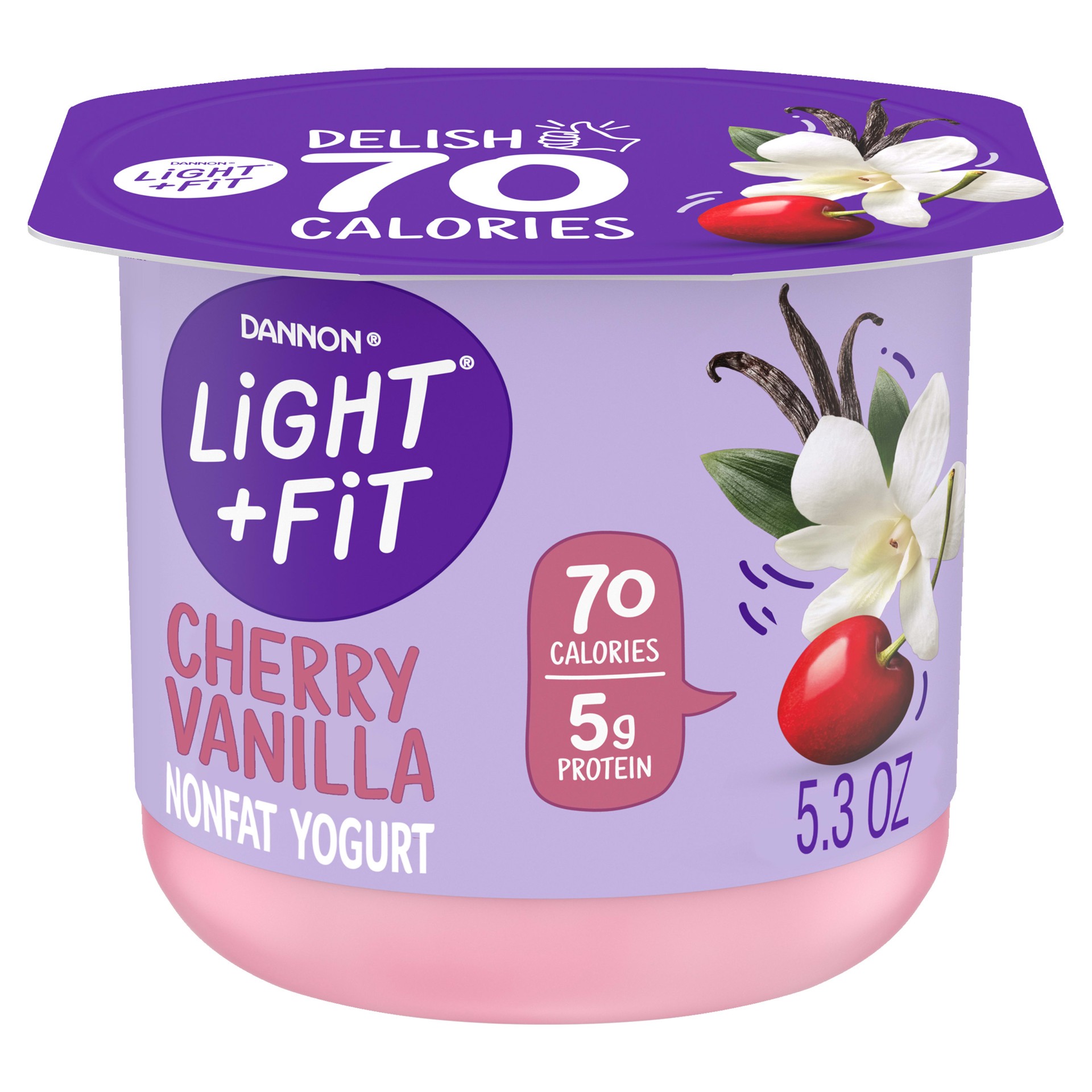 slide 1 of 5, Light + Fit Dannon Light + Fit Regular Nonfat Yogurt, Cherry Vanilla, Gluten-Free, 5.3 oz., 5.3 oz