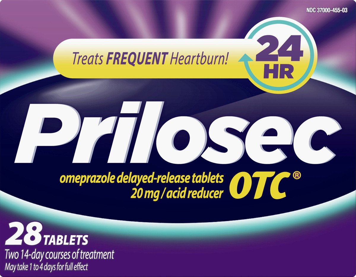 slide 2 of 2, Prilosec OTC, Omeprazole Delayed Release 20mg, Acid Reducer, Treats Frequent Heartburn for 24 Hour Relief, All Day, All Night*, 20mg, 28 Tablets, 28 ct