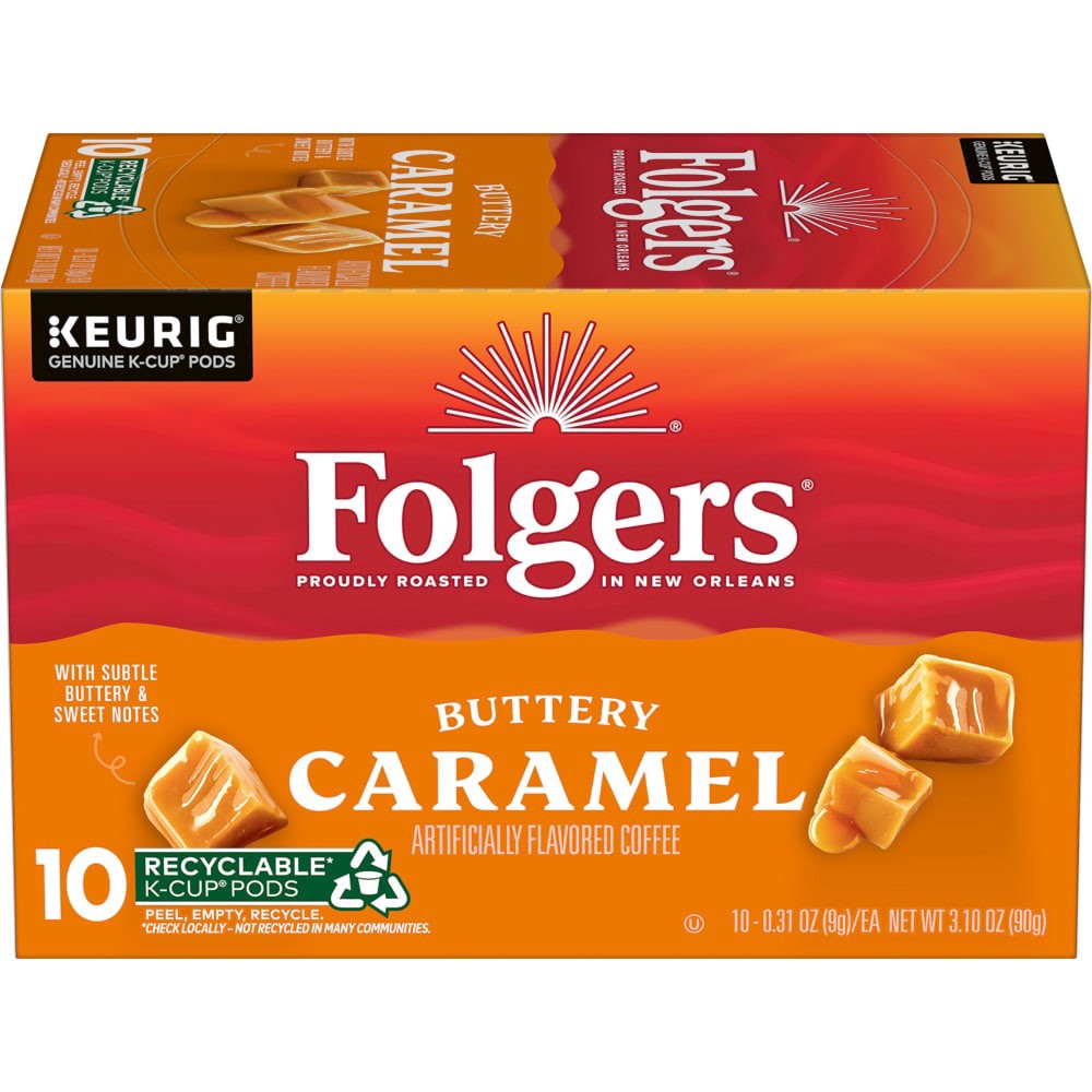 slide 1 of 5, Folgers Buttery Caramel Artificially Flavored Coffee, Keurig K-Cup Pods, 10 Count Box, 10 ct