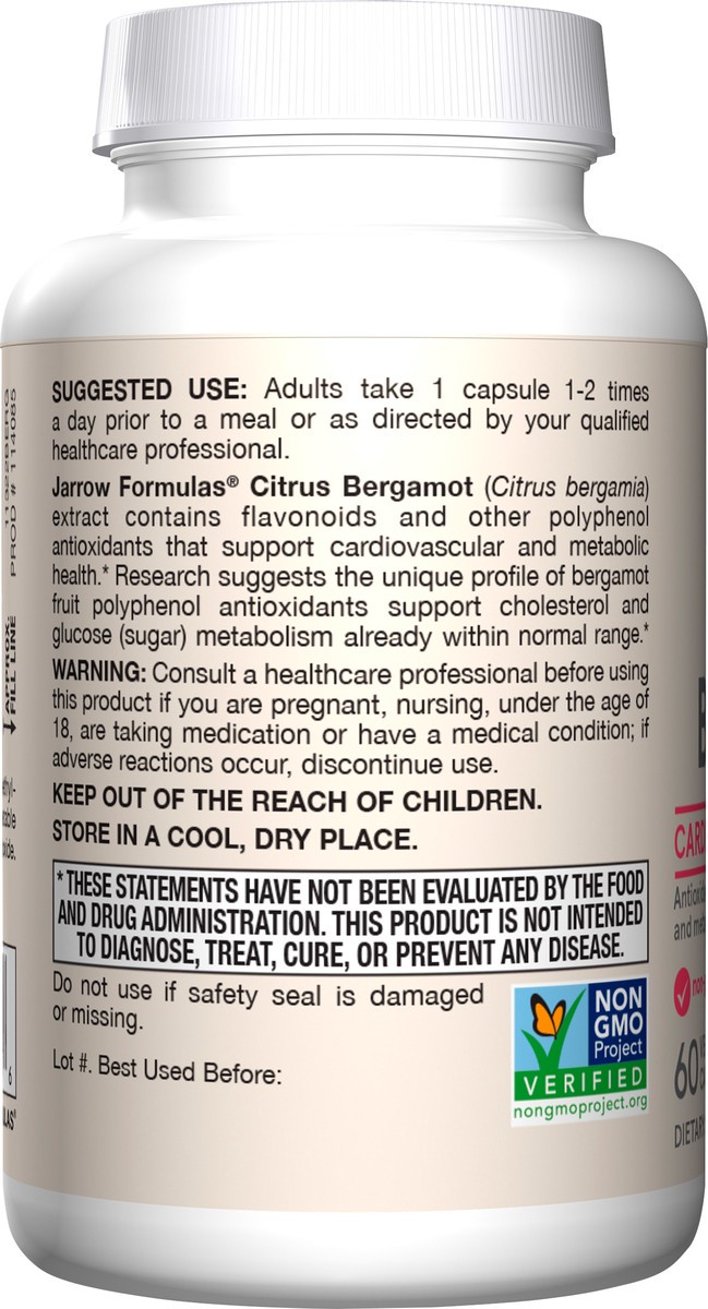 slide 3 of 4, Jarrow Formulas Citrus Bergamot 500 mg - 60 Servings (Veggie Caps) - Antioxidant Support for Cardiovascular & Metabolic Health - Dietary Supplement - Gluten Free - Use with Jarrow Formulas QH-absorb, 1 ct