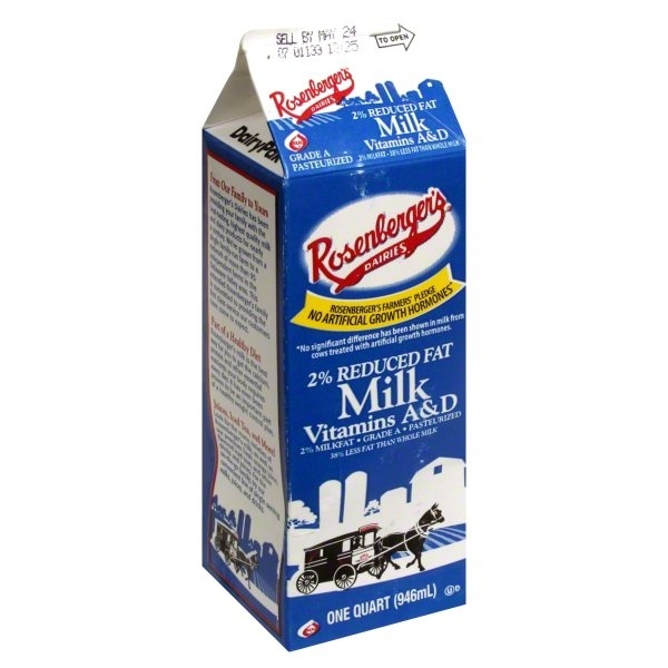 slide 1 of 1, Rosenberger's Milk, Reduced Fat, 2% Milkfat, Vitamin A&D, 1 qt