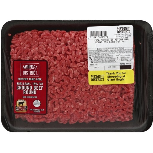 slide 1 of 1, Market District Beef Ground, 85% Lean, 15% Fat, Certified Angus Beef, per lb
