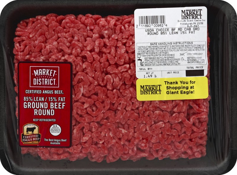 slide 1 of 2, Market District Beef Ground, 85% Lean, 15% Fat, Certified Angus Beef, per lb