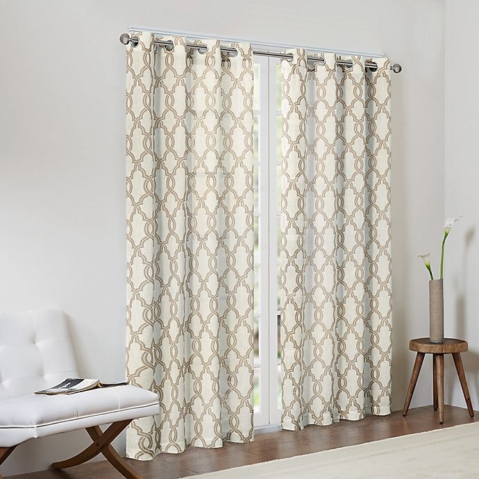 slide 1 of 2, Madison Park Bond Textured Fretwork Printed Window Curtain Panel - Tan/Beige, 63 in