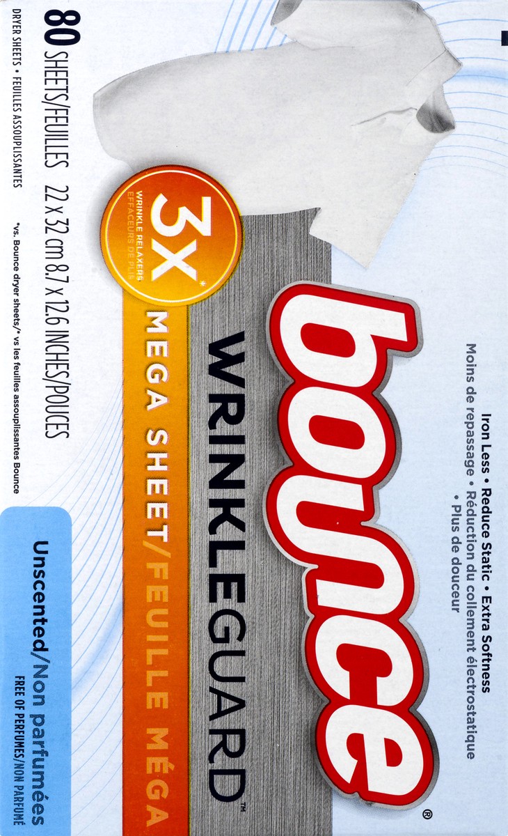 slide 2 of 10, Bounce WrinkleGuard Mega Sheet Unscented Dryer Sheets 80.0 ea, 80 ct