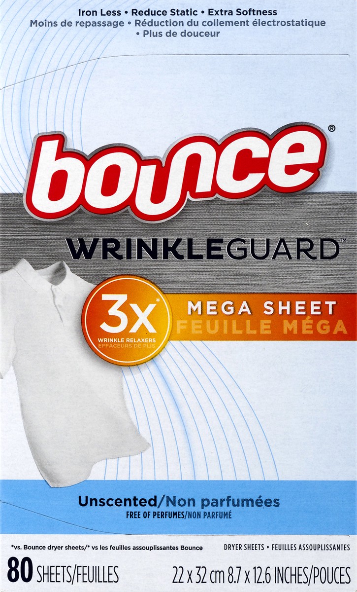 slide 8 of 10, Bounce WrinkleGuard Mega Sheet Unscented Dryer Sheets 80.0 ea, 80 ct