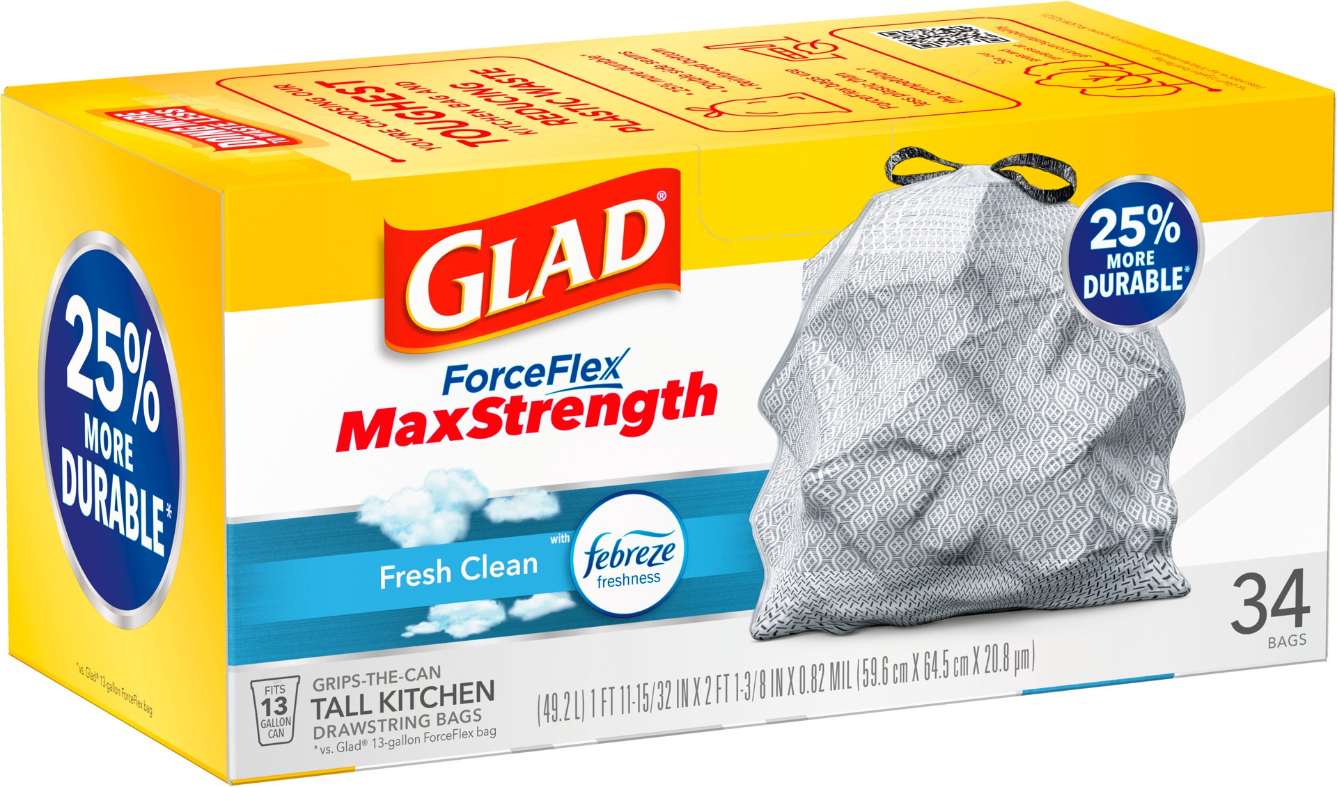 slide 5 of 5, Glad ForceFlex MaxStrength Tall Kitchen Drawstring Trash Bags, 13 Gallon, Fresh Clean Scent with Febreze Freshness, 34 Count, 34 ct