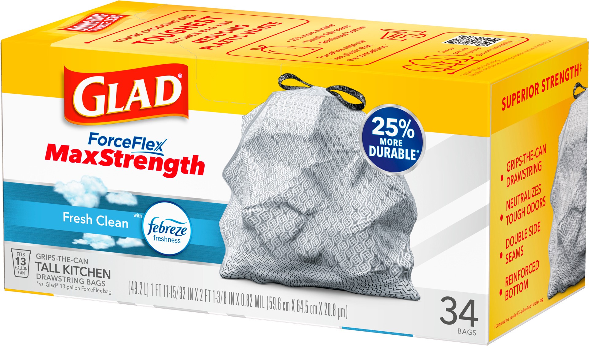 slide 4 of 5, Glad ForceFlex MaxStrength Tall Kitchen Drawstring Trash Bags, 13 Gallon, Fresh Clean Scent with Febreze Freshness, 34 Count, 34 ct