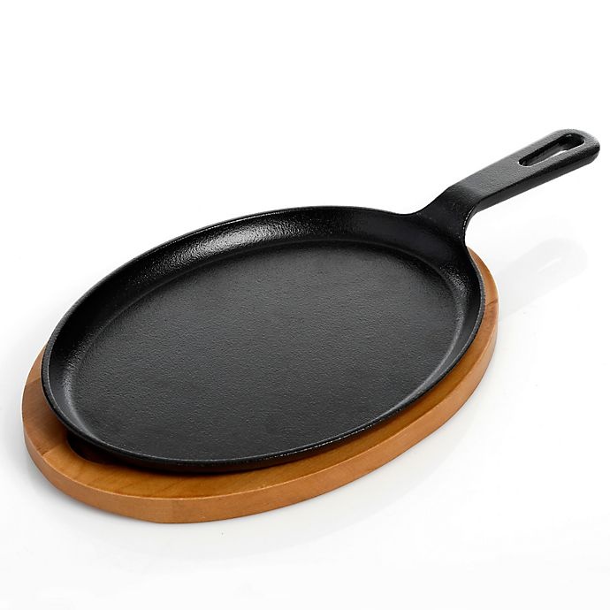 slide 1 of 2, Artisanal Kitchen Supply Pre-Seasoned Cast Iron Fajita Pan with Wooden Tray - Black, 1 ct