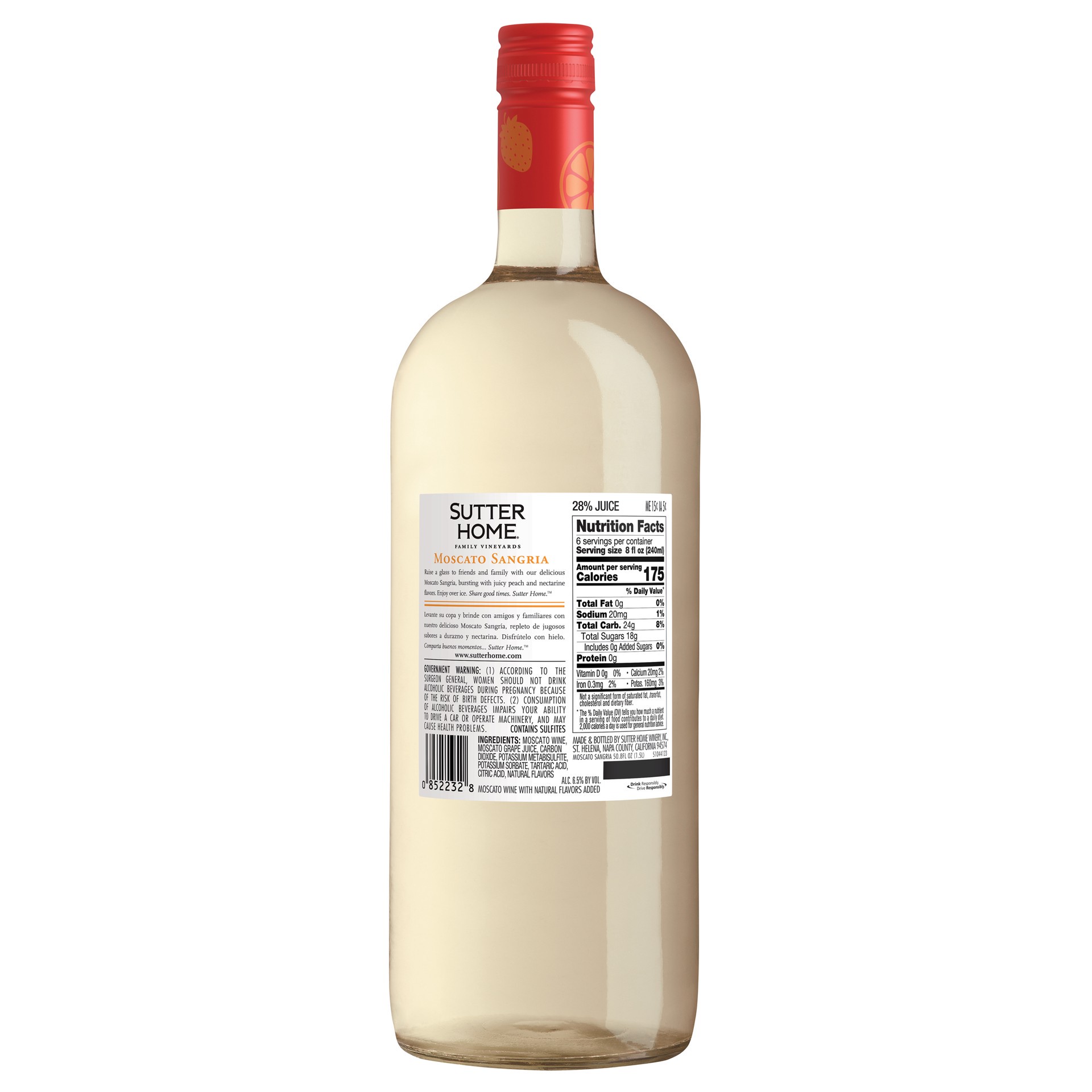 slide 3 of 5, Sutter Home Moscato Sangria White Wine, 1.5L Wine Bottle, 1.50 liter