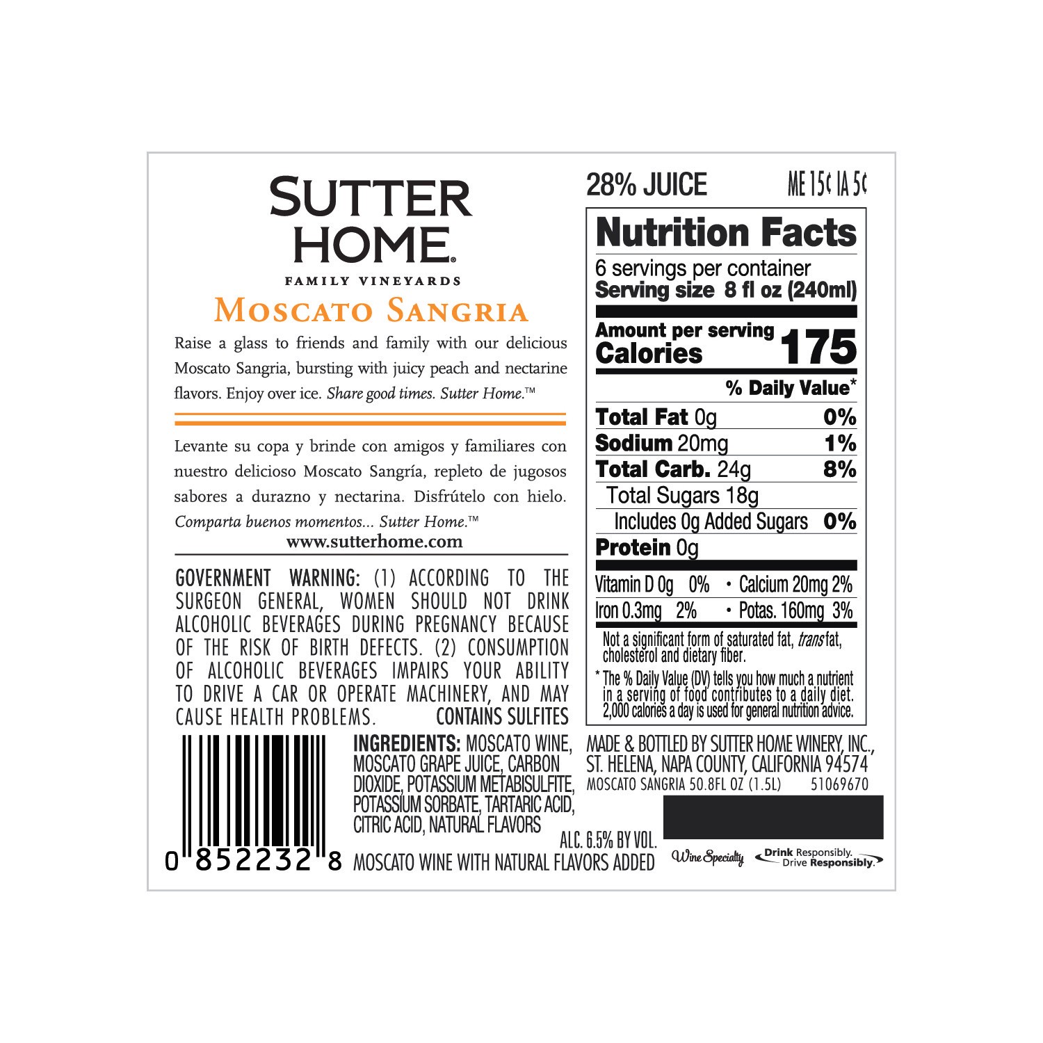slide 5 of 5, Sutter Home Moscato Sangria White Wine, 1.5L Wine Bottle, 1.50 liter