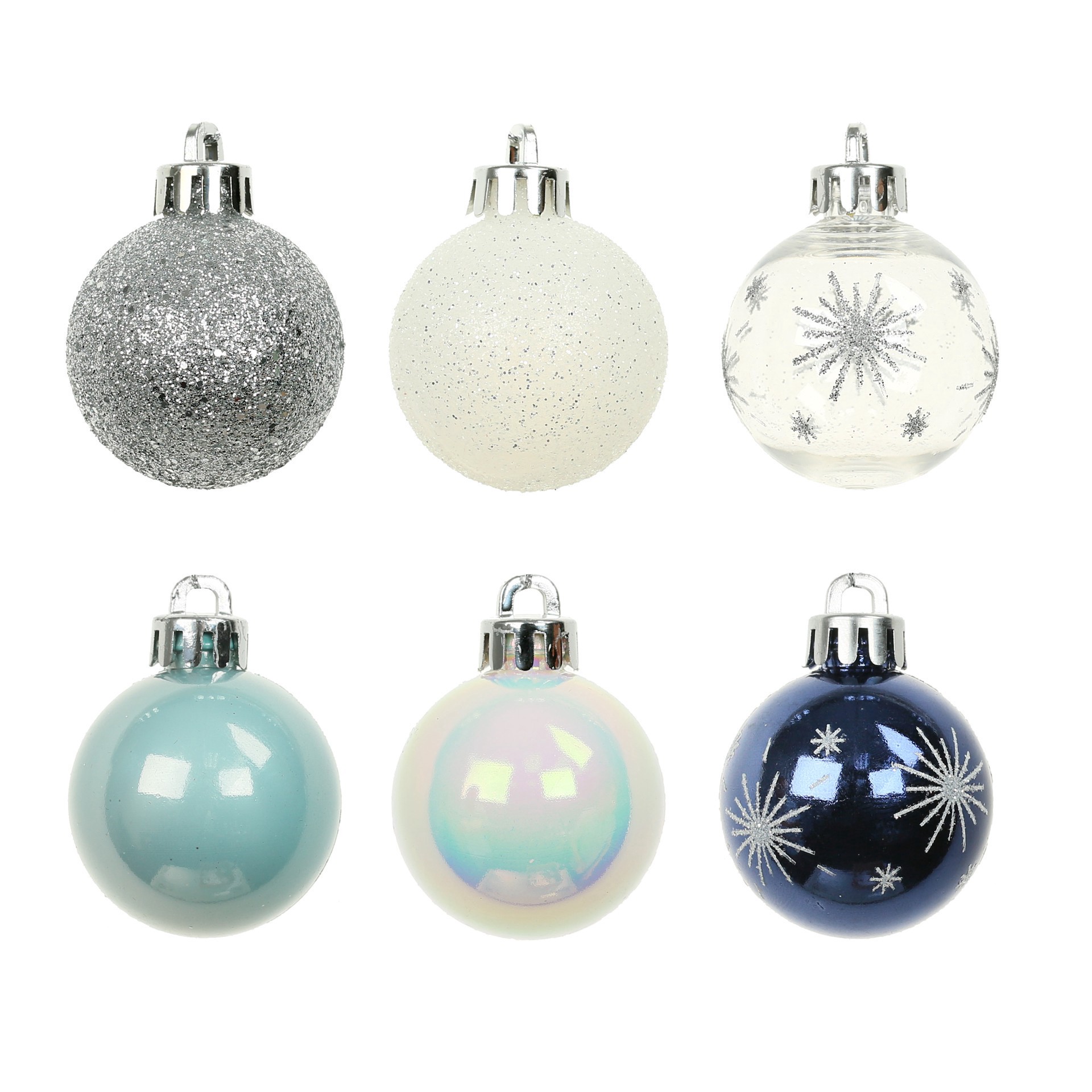 slide 2 of 3, 7 Pack 1.5" Blue, White & Silver Starburst Shatterproof Ball Ornaments By Ashland, 7 ct
