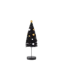 Small Black Bottle Brush Trees On Spindle With Black Silver & Gold Ornaments