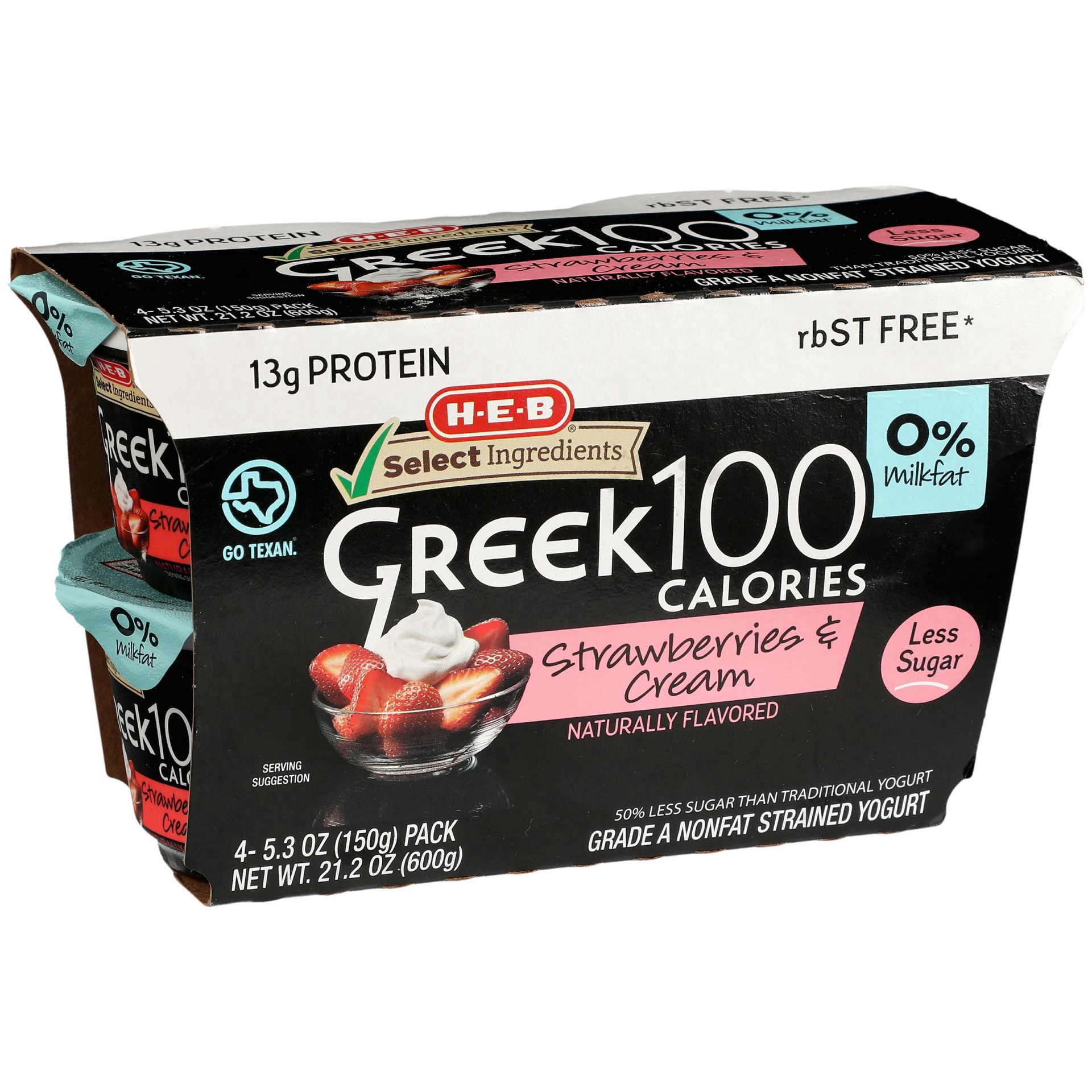 slide 1 of 1, H-E-B Greek 100 Yogurt, Strawberries & Cream 4 PK, 5.3 oz