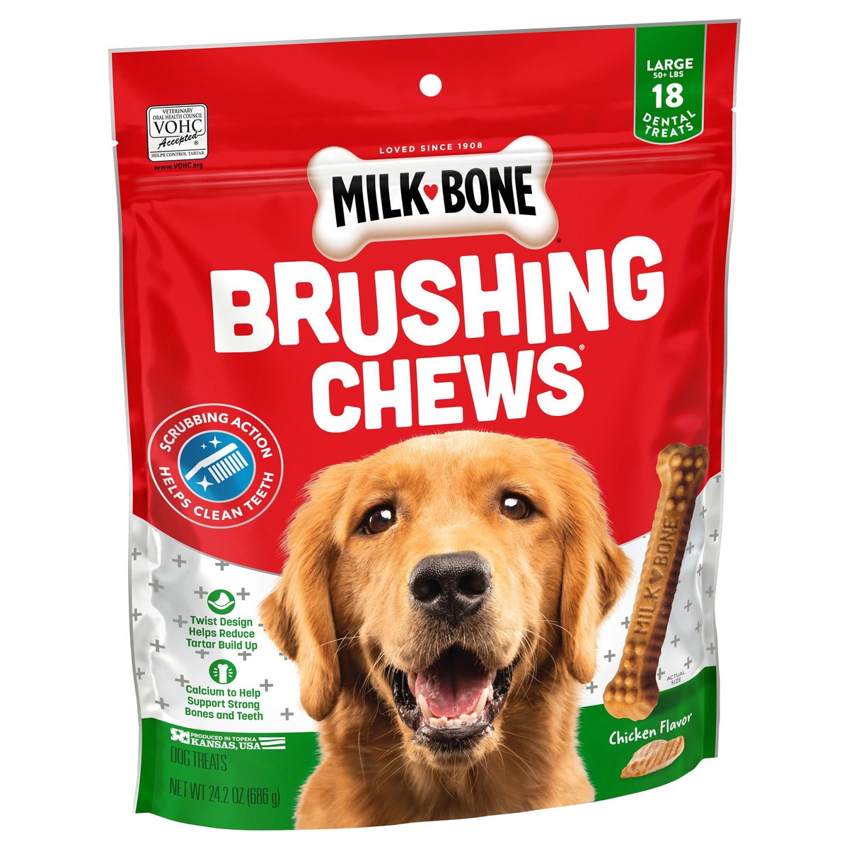 slide 8 of 8, Milk-Bone Brushing Chews Daily Dental Dog Treats, Large, 24.2 Oz. Bag, 18 Bones Per Bag, 18 ct