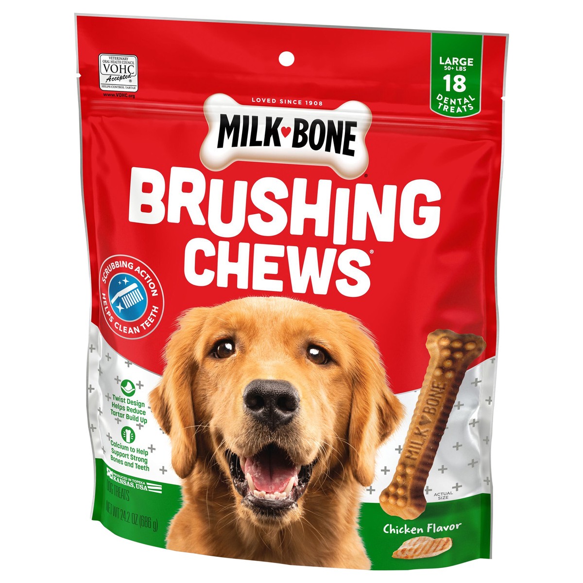 slide 5 of 8, Milk-Bone Brushing Chews Daily Dental Dog Treats, Large, 24.2 Oz. Bag, 18 Bones Per Bag, 18 ct