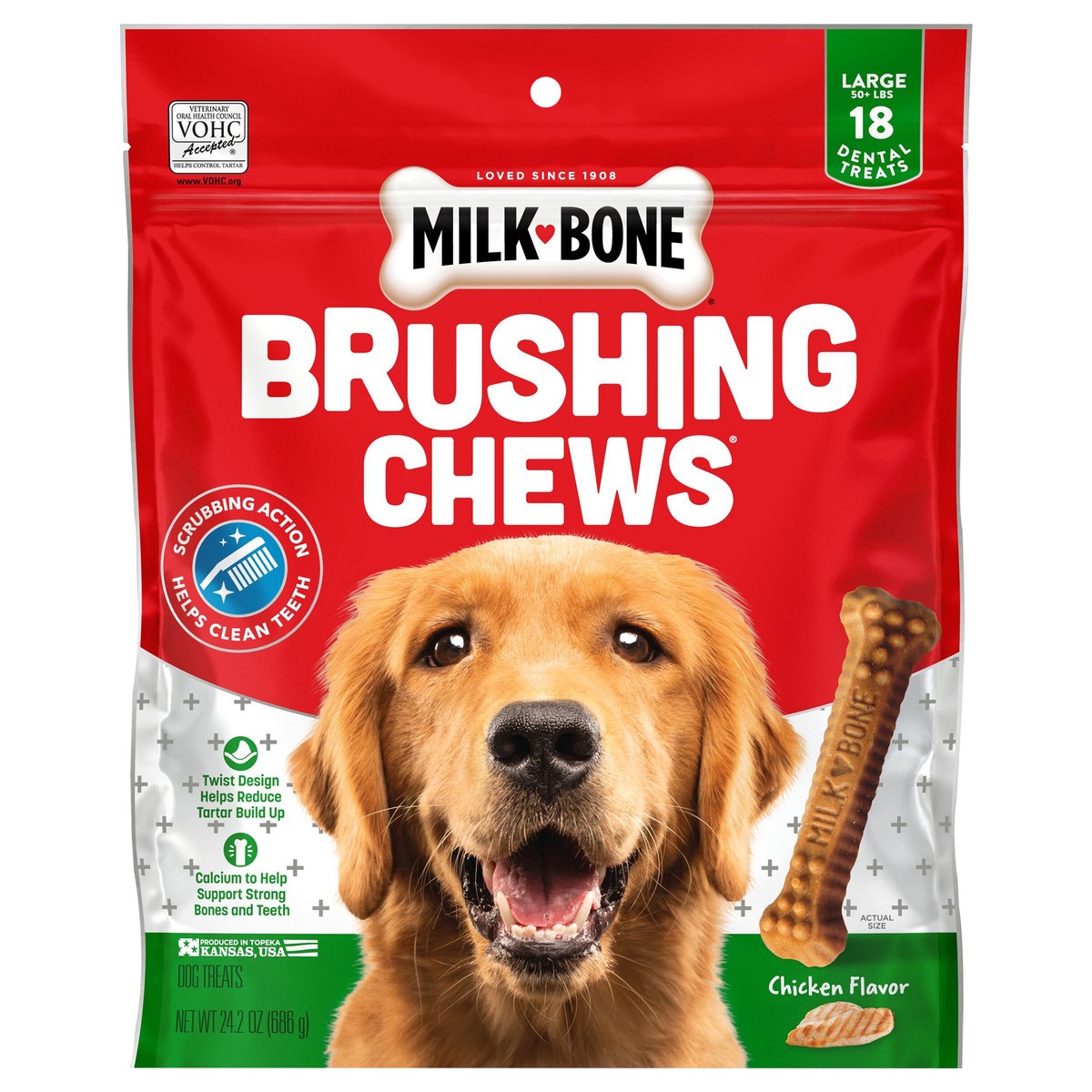 slide 1 of 8, Milk-Bone Brushing Chews Daily Dental Dog Treats, Large, 24.2 Oz. Bag, 18 Bones Per Bag, 18 ct