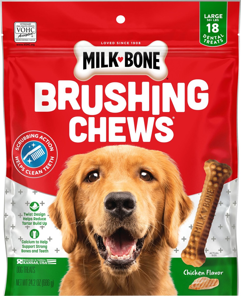 slide 3 of 8, Milk-Bone Brushing Chews Daily Dental Dog Treats, Large, 24.2 Oz. Bag, 18 Bones Per Bag, 18 ct