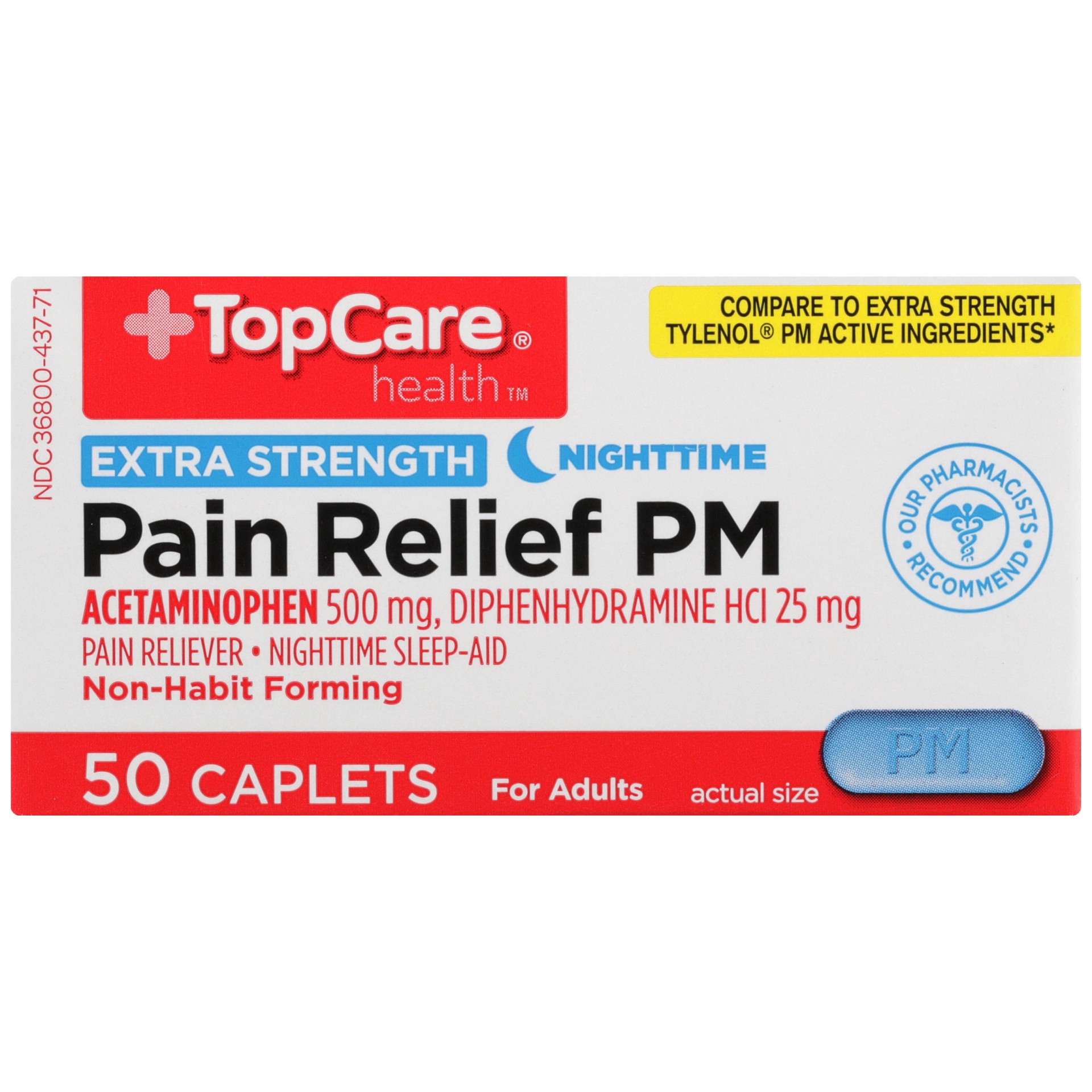 slide 1 of 6, TopCare Pain Relief PM, Nighttime, Extra Strength, Caplets, 50 ct