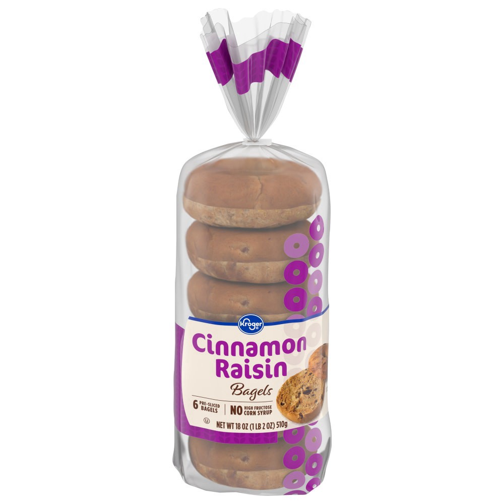 slide 2 of 5, Kroger Cinnamon Raisin Pre-Sliced Bagels 6 Ct / 18 Oz, 6 ct; 18 oz