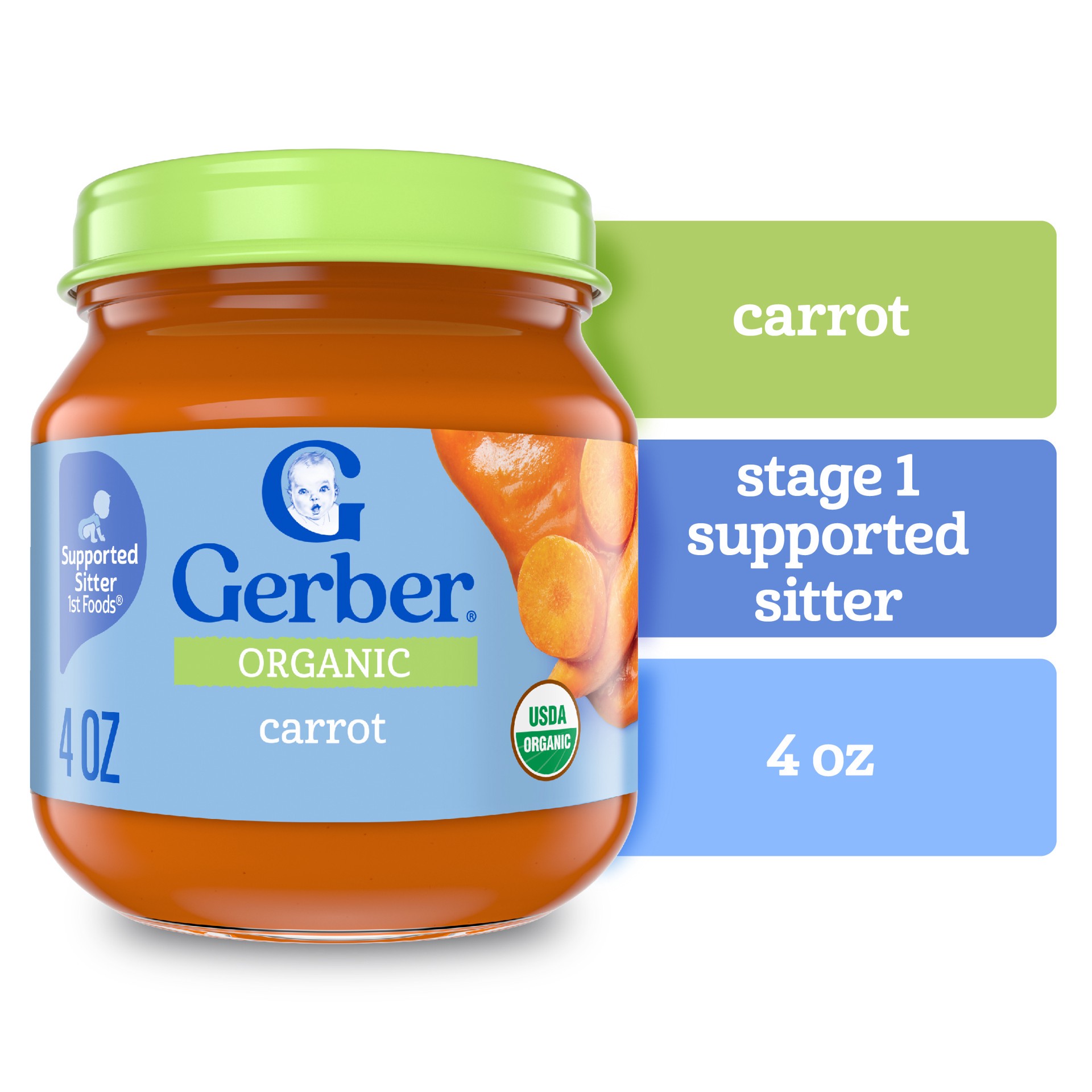 slide 1 of 5, Gerber Stage 1 Baby Food, Organic Carrot Jar, Carrot Puree, Non-GMO, Baby Puree, 4 oz
