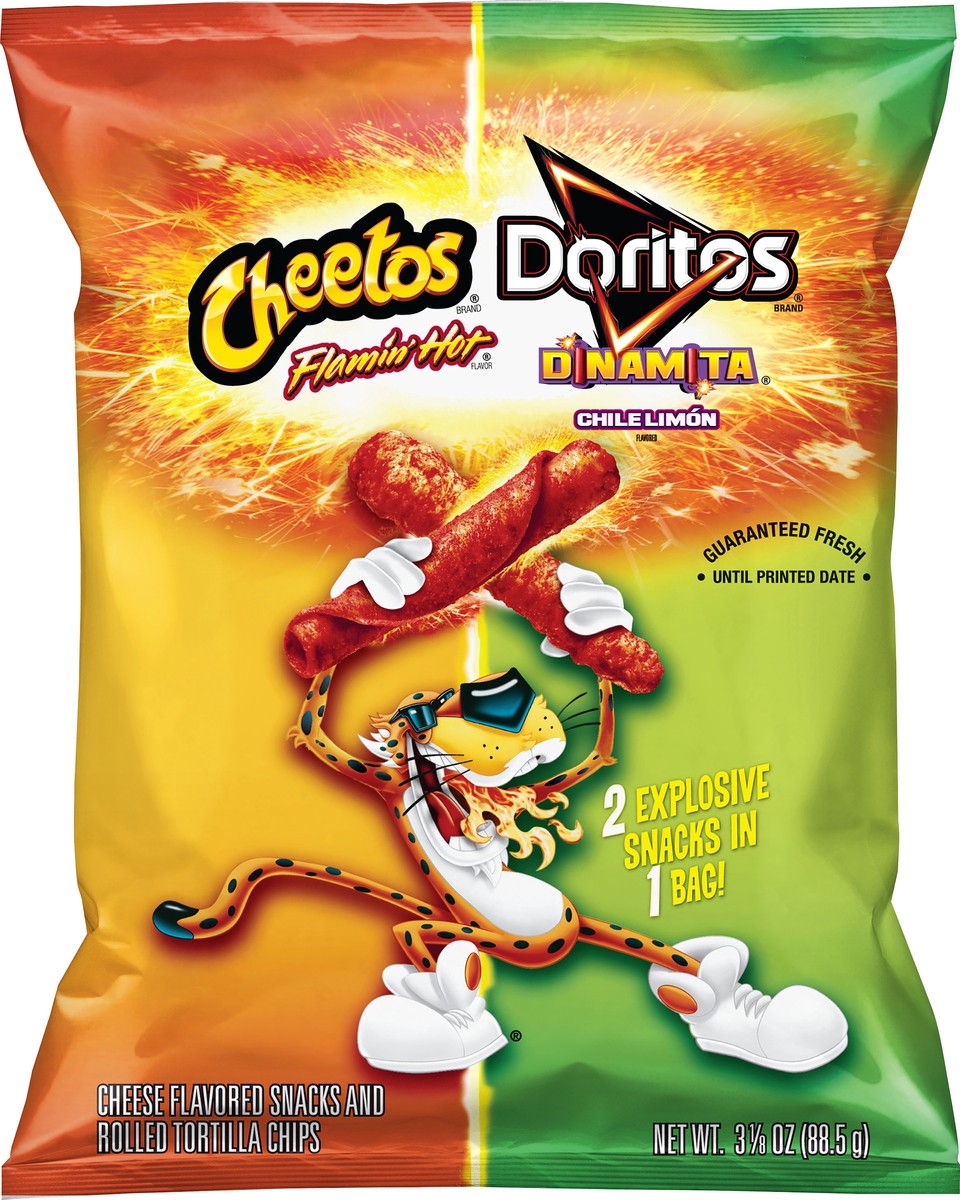 slide 3 of 5, Cheetos Doritos Dinamita Cheese Flavored Snacks And Rolled Tortilla Chips Flamin' Hot & Chile Limon 3 1/8 Oz, 3.125 oz