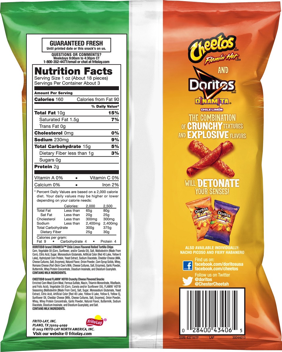 slide 2 of 5, Cheetos Doritos Dinamita Cheese Flavored Snacks And Rolled Tortilla Chips Flamin' Hot & Chile Limon 3 1/8 Oz, 3.125 oz