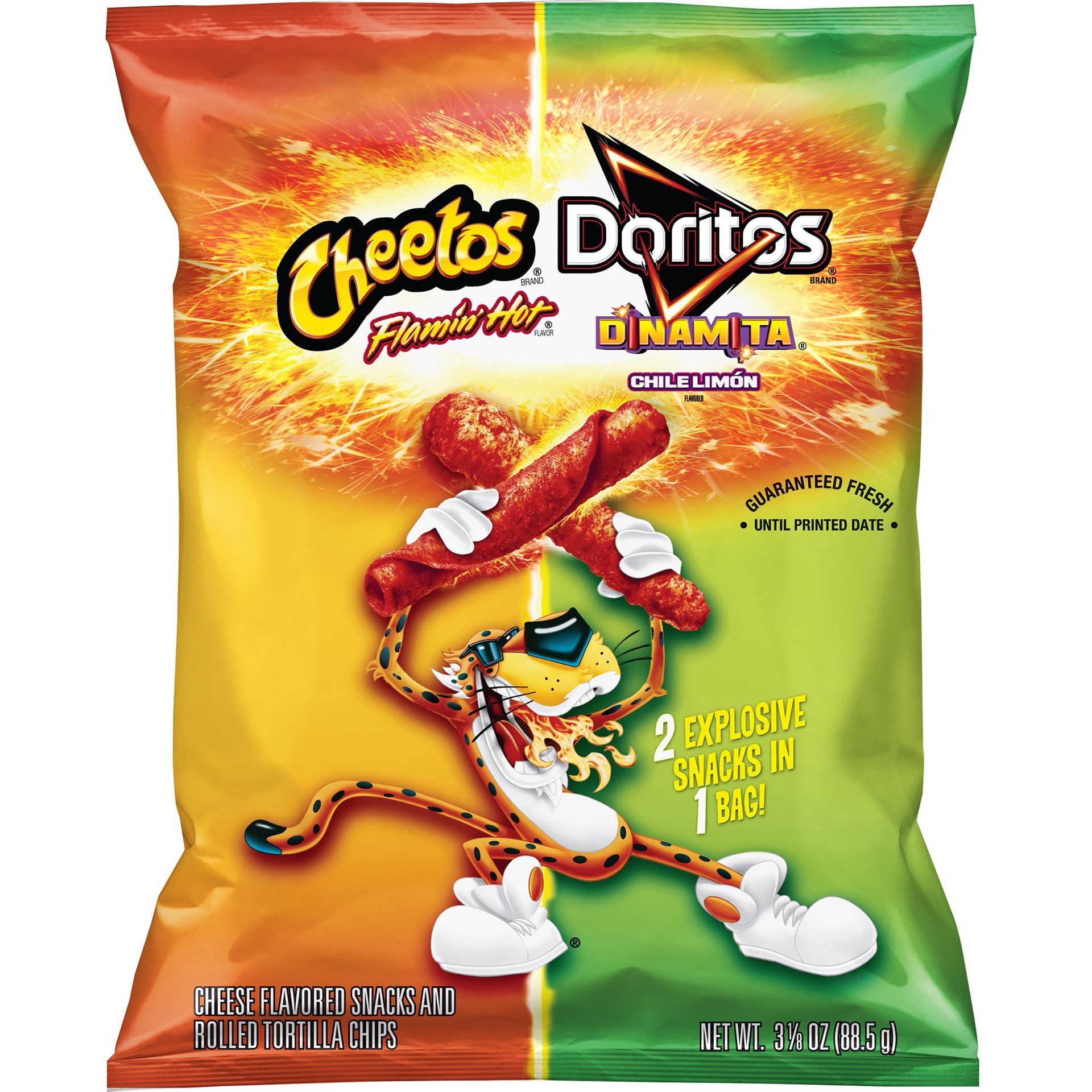 slide 1 of 5, Cheetos Doritos Dinamita Cheese Flavored Snacks And Rolled Tortilla Chips Flamin' Hot & Chile Limon 3 1/8 Oz, 3.125 oz