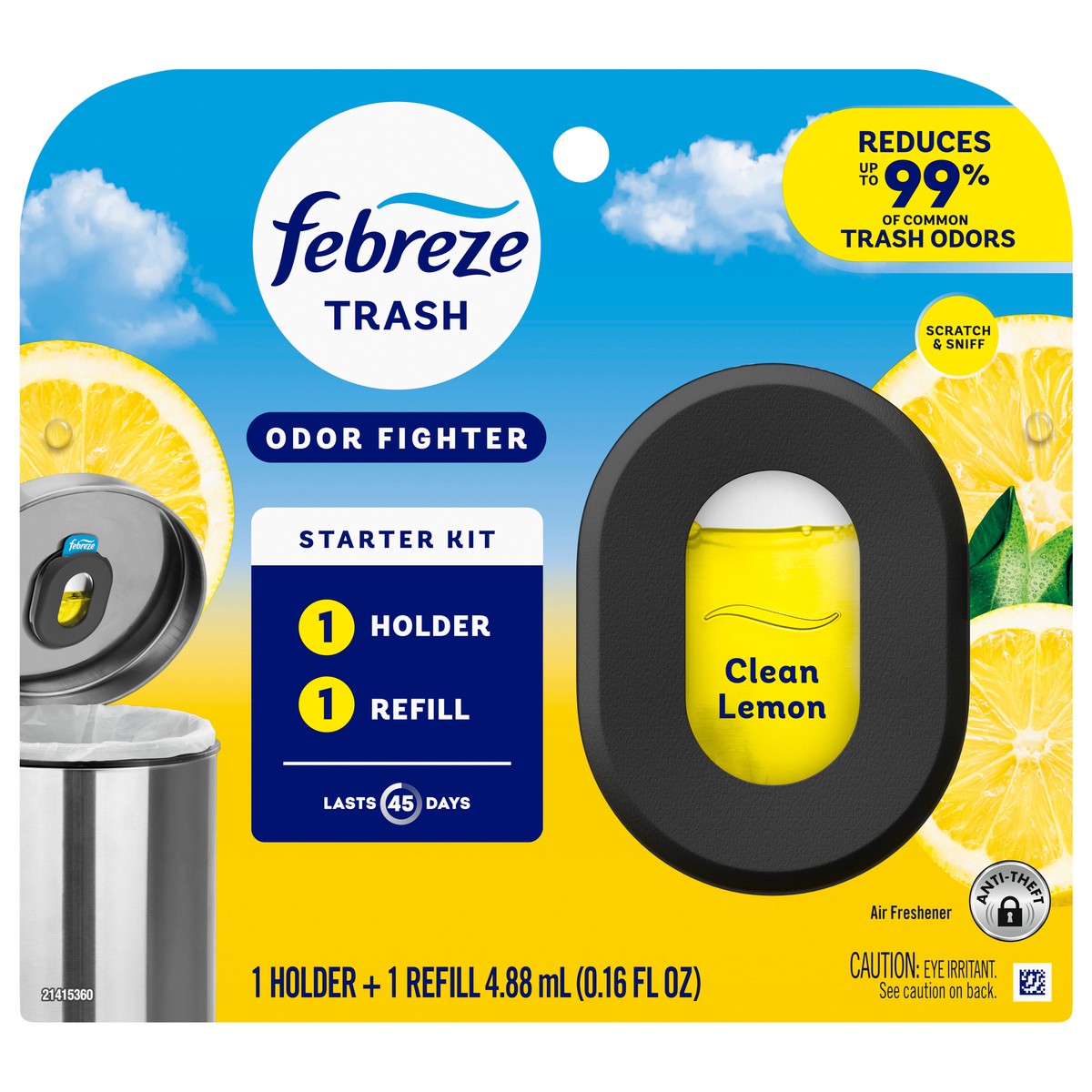 slide 1 of 9, Febreze Trash Odor Fighter, Trash Can Air Freshener, Clean Lemon Scent, 1 Holder + 1 Refill, 0.16 oz
