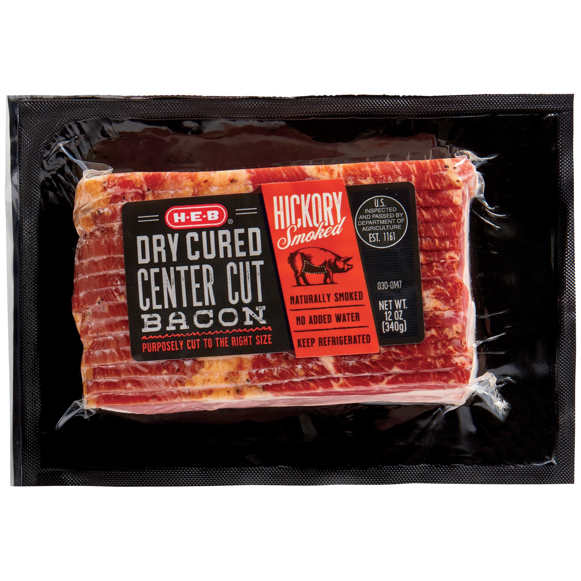 slide 1 of 1, H-E-B Hickory Smoked Dry Cured Center Cut Bacon, 12 oz