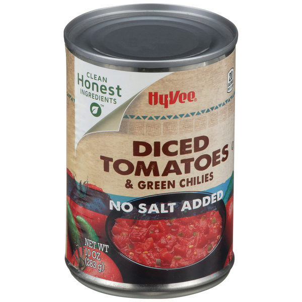 slide 1 of 1, Hy-vee No Salt Added Diced Tomatoes & Green Chilies, 10 oz