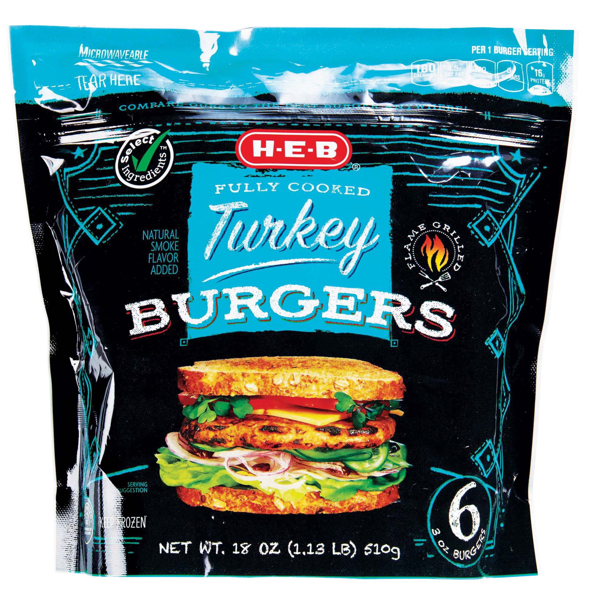 slide 1 of 1, H-E-B Fully Cooked Frozen Turkey Burgers, 6 ct