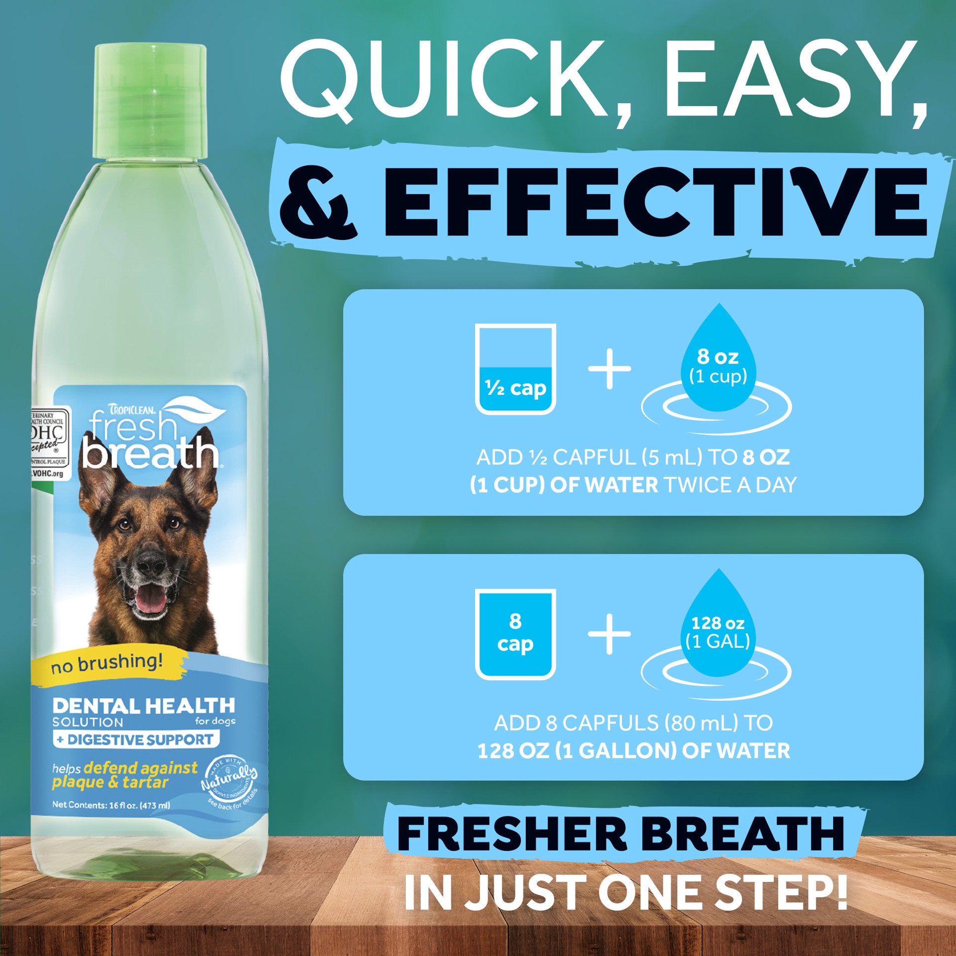 slide 4 of 10, TropiClean Fresh Breath Dental Health Solution Plus Digestive Support for Dogs, 16oz, 1 ct