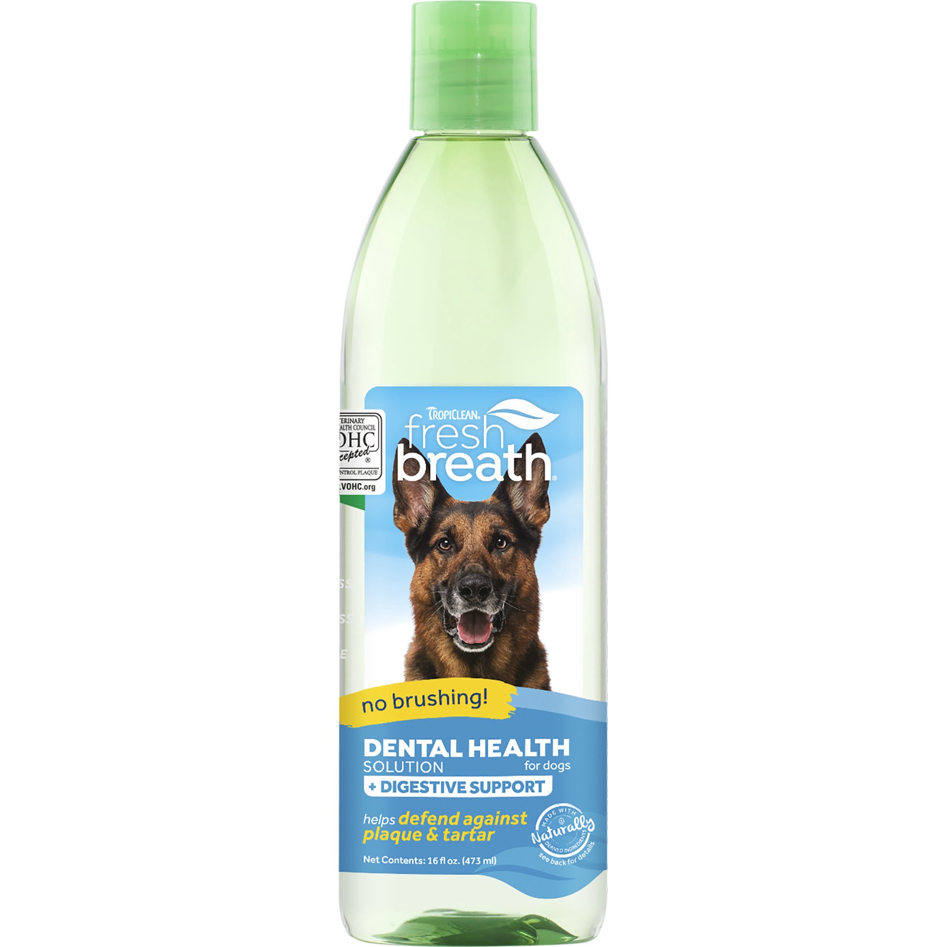 slide 1 of 10, TropiClean Fresh Breath Dental Health Solution Plus Digestive Support for Dogs, 16oz, 1 ct