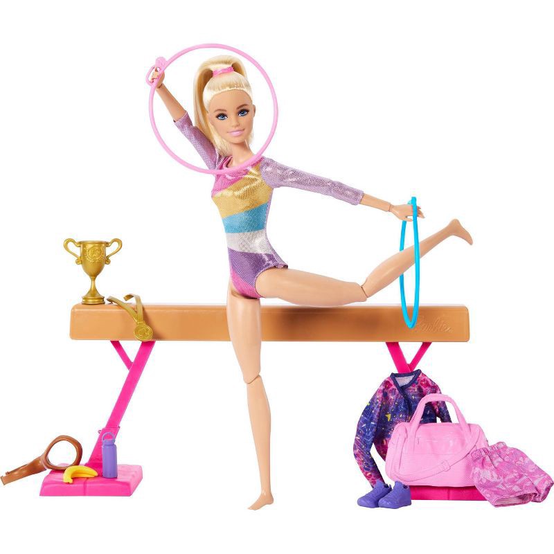 slide 1 of 6, Barbie Gymnastics Playset with Blonde Fashion Doll, Balance Beam, 10+ Accessories & Flip Feature with Blonde Hair, 1 ct