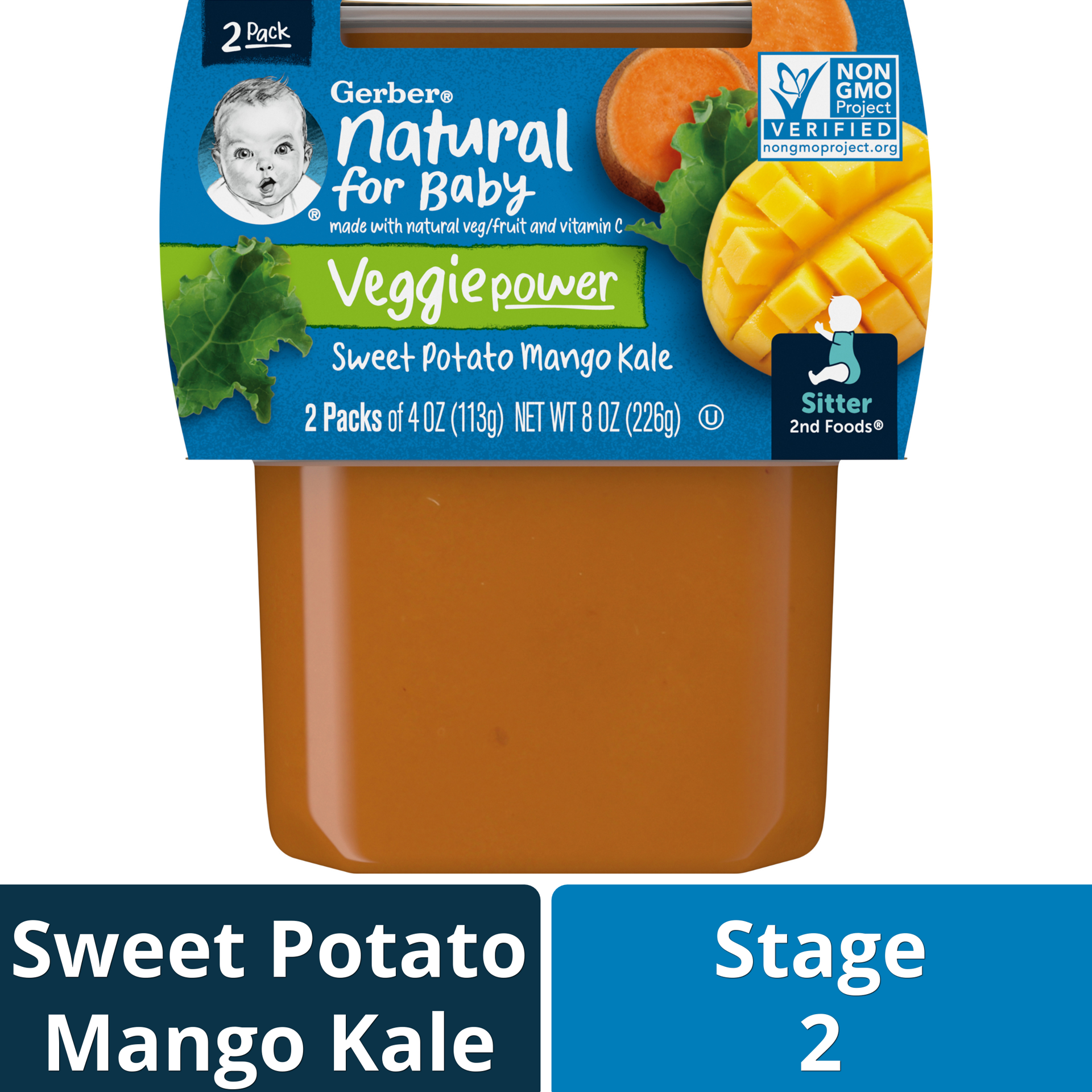 slide 1 of 9, Gerber Stage 2 Baby Food, Sweet Potato Mango Kale, 4 oz Tubs (2 Pack), 2 ct; 4 oz