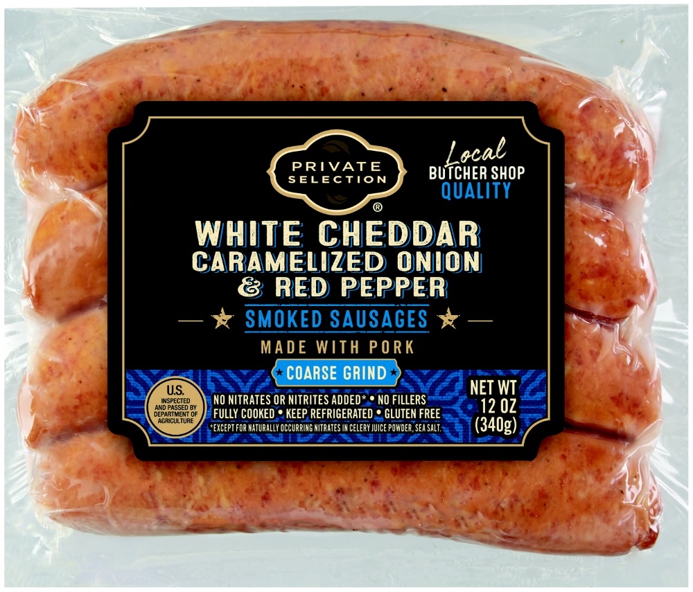 slide 1 of 1, Private Selection White Cheddar Carmelized Onion & Red Pepper Smoked Sausages, 12 oz