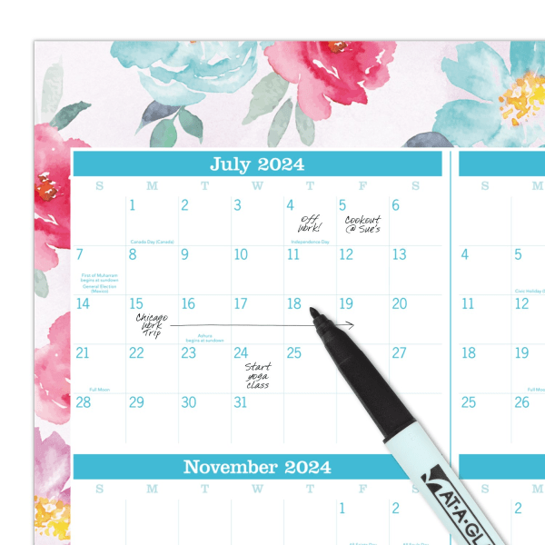 slide 2 of 5, 2024-2025 At-A-Glance Reversible Academic And Regular Year Wall Calendar, 24"" X 36"", Floral, July 2024 To June 2025, 1710F-550Sb, 1 ct