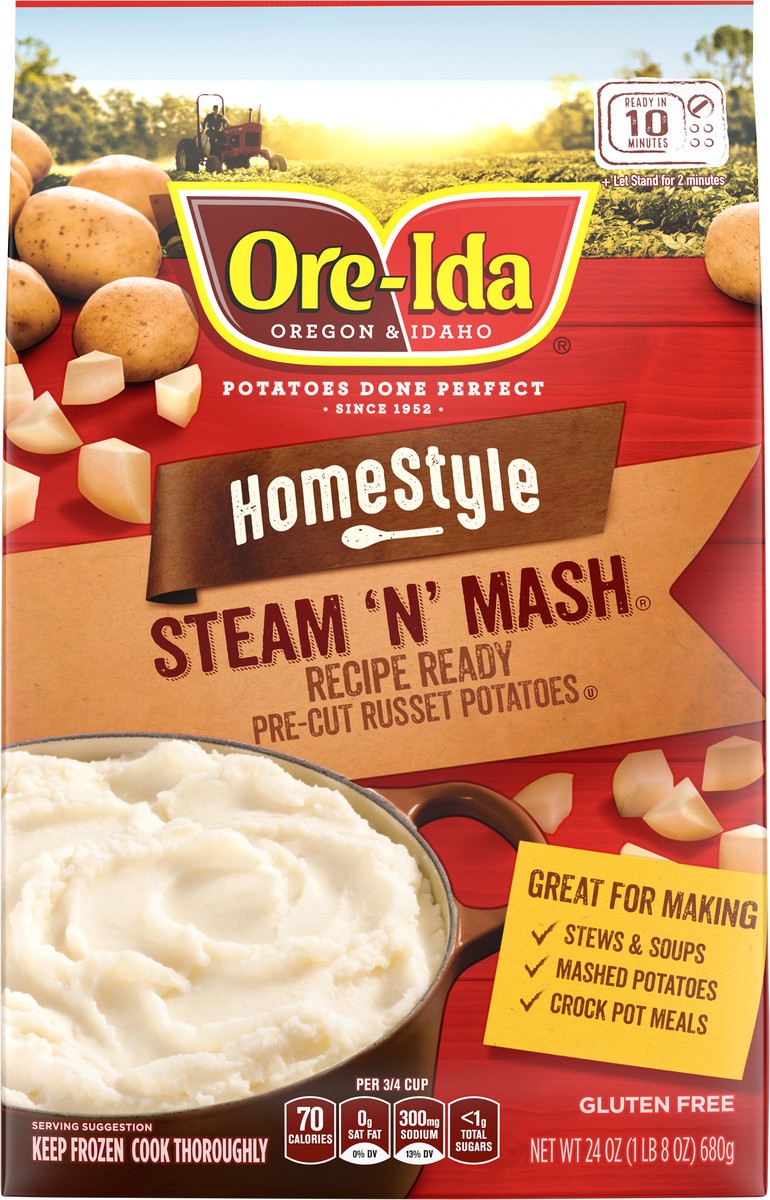 slide 9 of 9, Ore-Ida Home Style Steam 'N' Mash Recipe Ready Pre-Cut Russet Potatoes Frozen Side Dish, 24 oz Bag, 24 oz