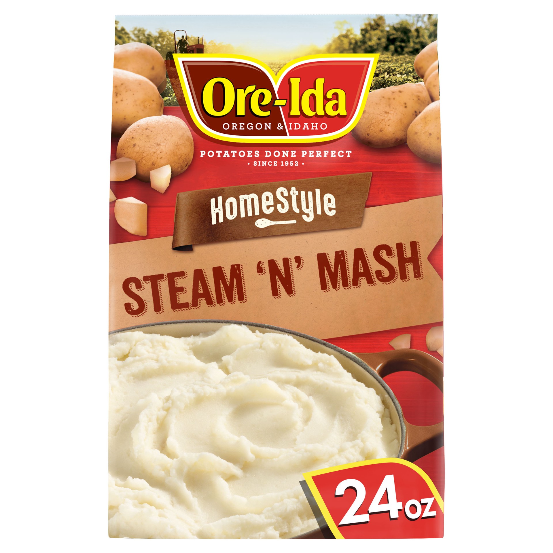 slide 1 of 9, Ore-Ida Home Style Steam 'N' Mash Recipe Ready Pre-Cut Russet Potatoes Frozen Side Dish, 24 oz Bag, 24 oz